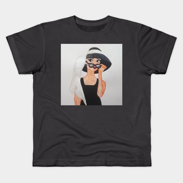 Holly Golightly Watercolour Acrylic Painting Kids T-Shirt by Le petit fennec